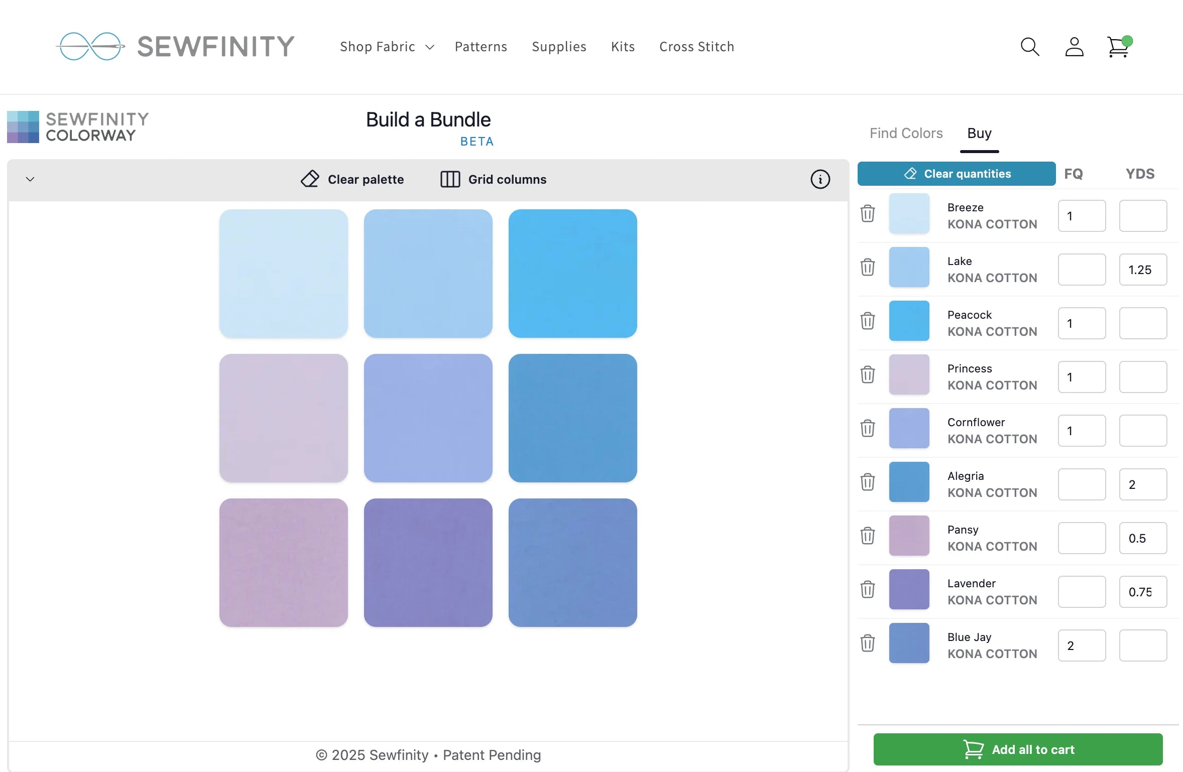 Your shopping list builds itself—see selected fabrics with quantities ready to add to cart